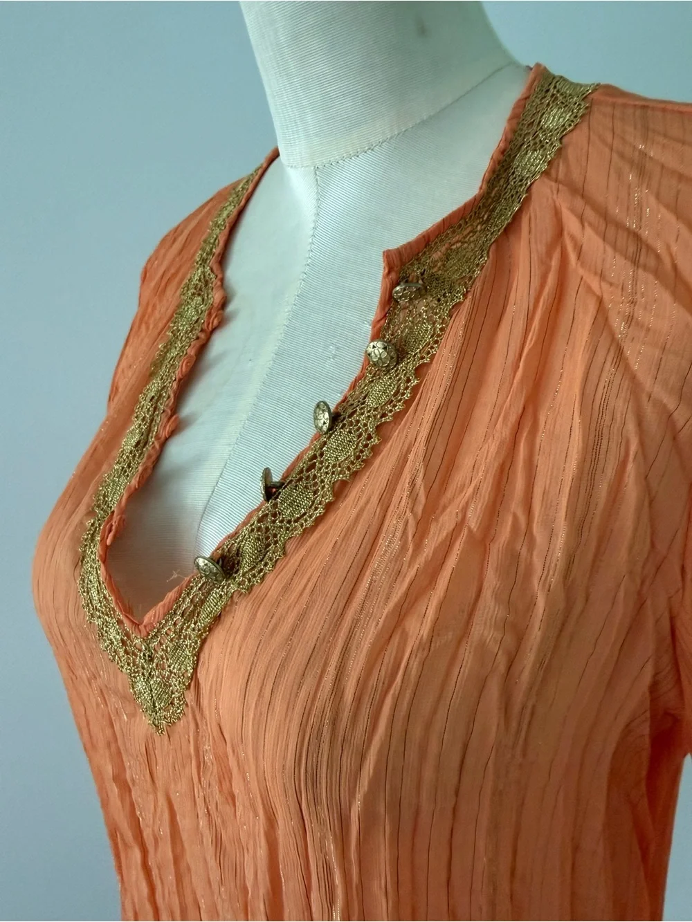 Cache Orange Crinkled V-Neck Tunic with Gold Trim - Picture 3 of 6